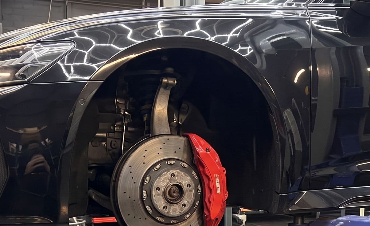 Geperforeerde remschijf en rode remklauw van een Audi RS 6, met het wiel eraf